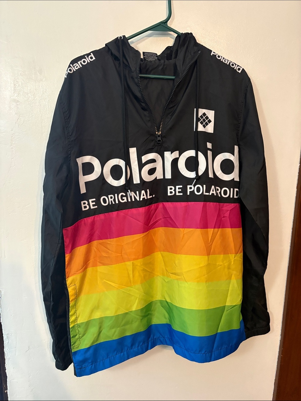 Polaroid Black Hooded Quarter Zip with Rainbow Stripes